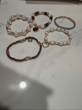 Gold Accent Pearl & Brown Bead Bracelet Set